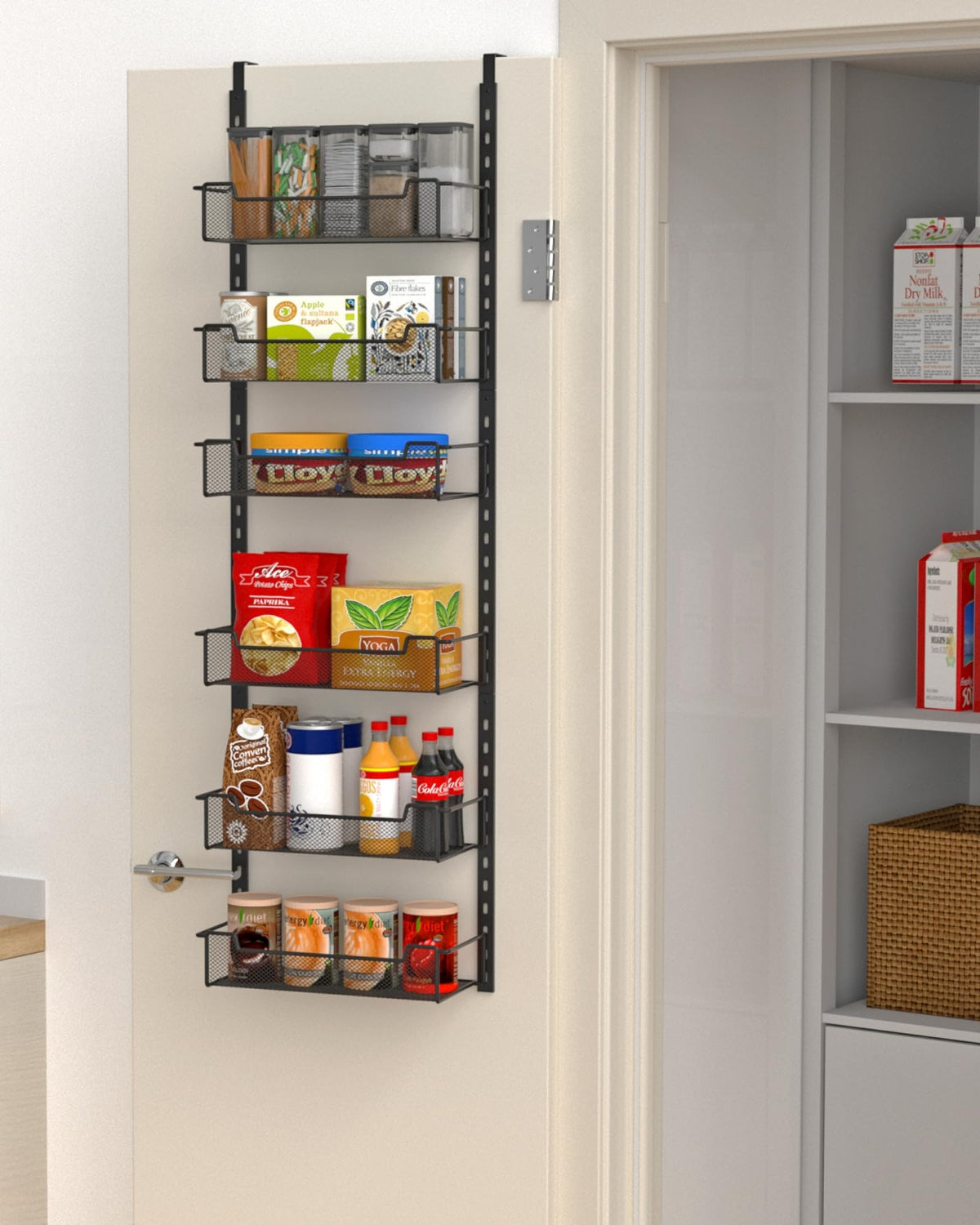 VyGrow door pantry organizer on the front view with six adjustable baskets for versatile storage.