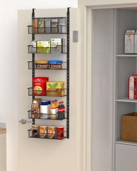 VyGrow door pantry organizer on the front view with six adjustable baskets for versatile storage.