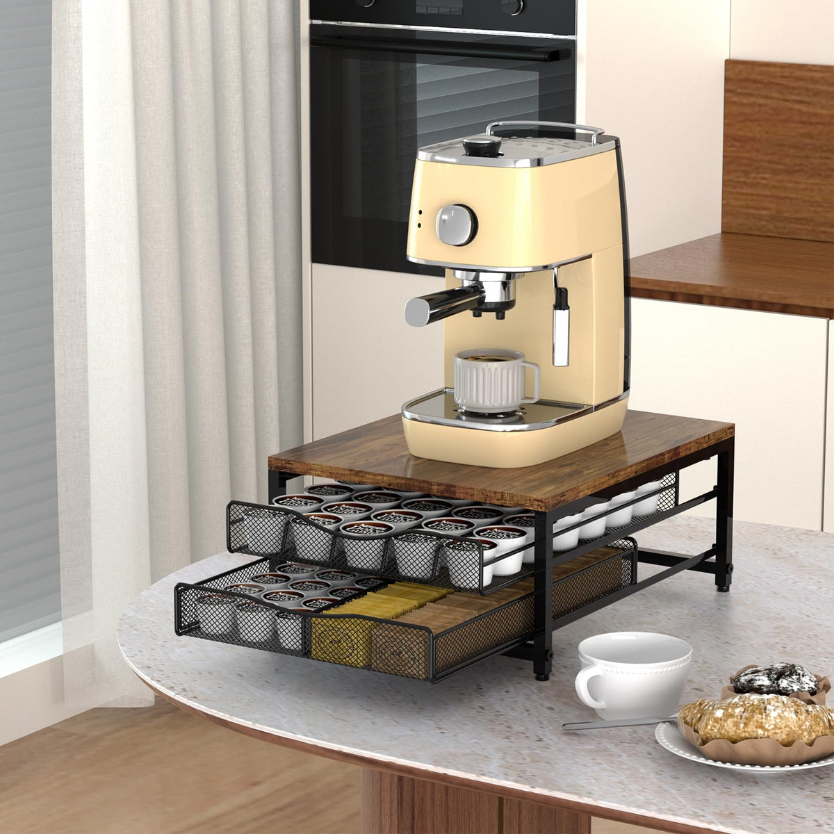 VyGrow wooden coffee pod storage closeup reveals natural grain and finish.