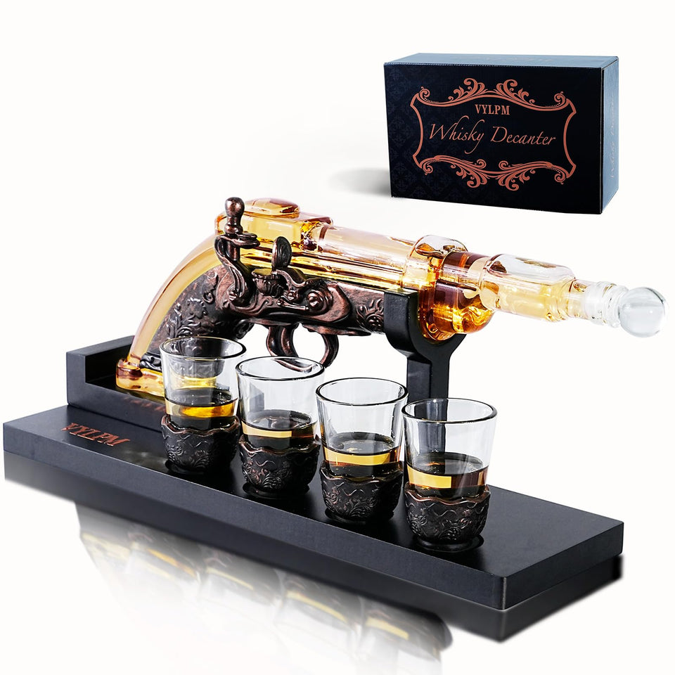 VYLPM gun whisky decanter on a wood base for a stylish home bar display