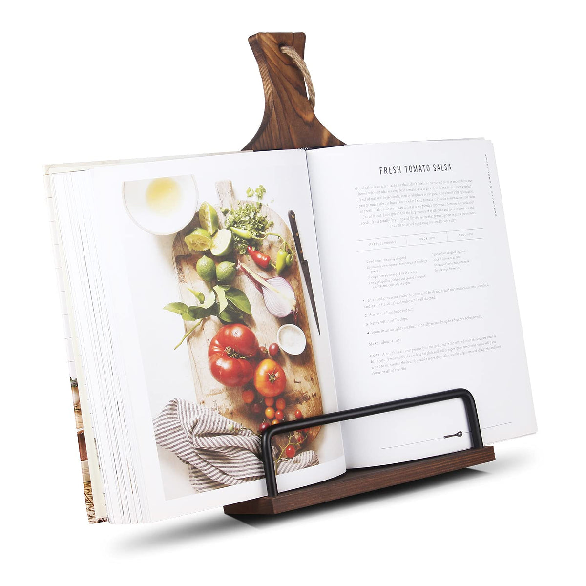VYNOPA wooden cookbook stand holds pages open for hands-free cooking.