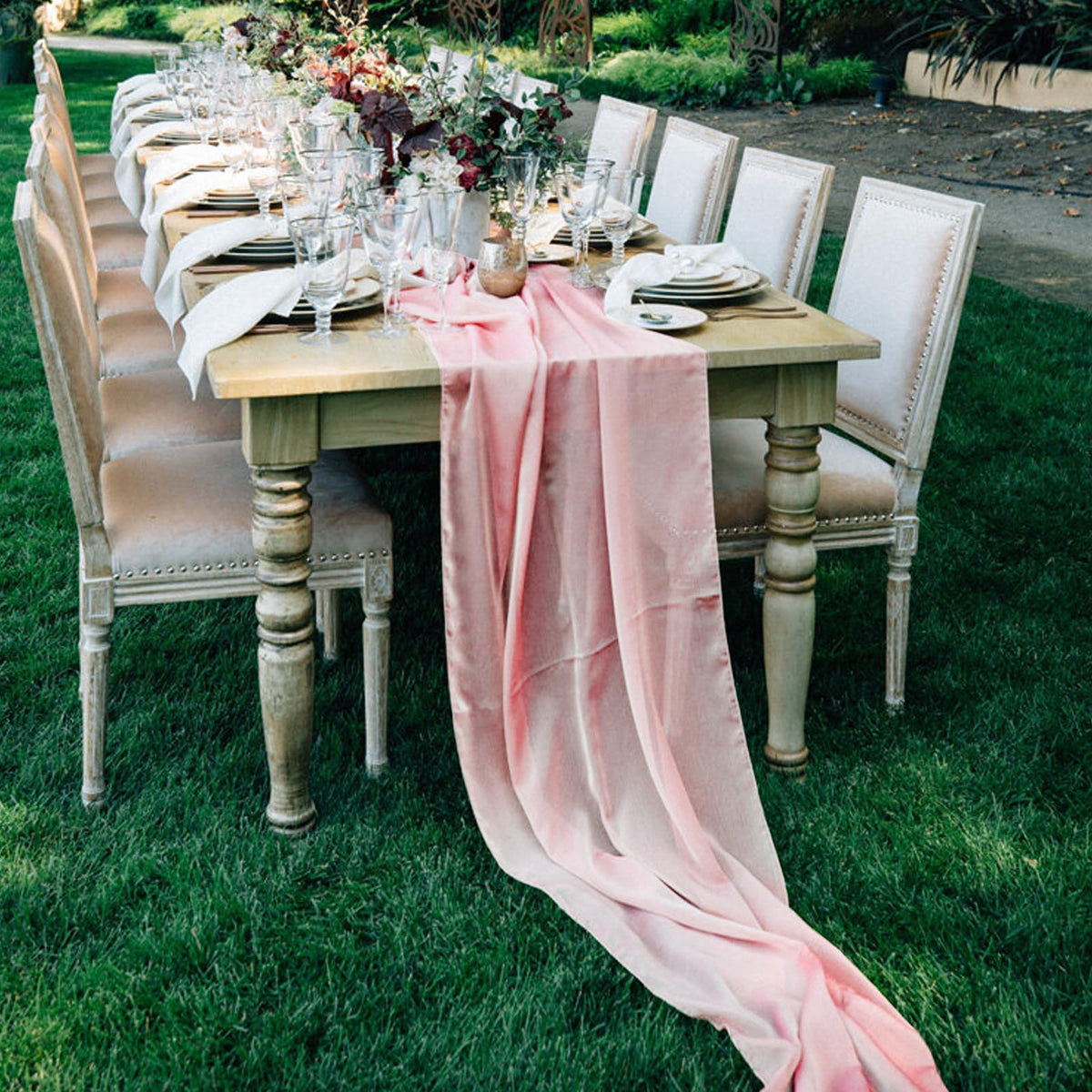 VZZNN pink chiffon runner used as DIY backdrop accessory