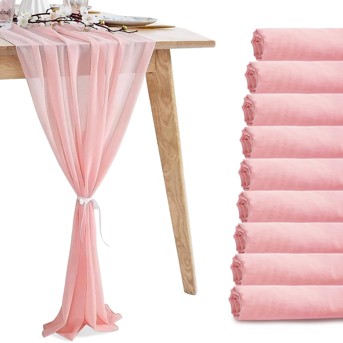 VZZNN baby pink chiffon table runner with soft drape for elegant weddings