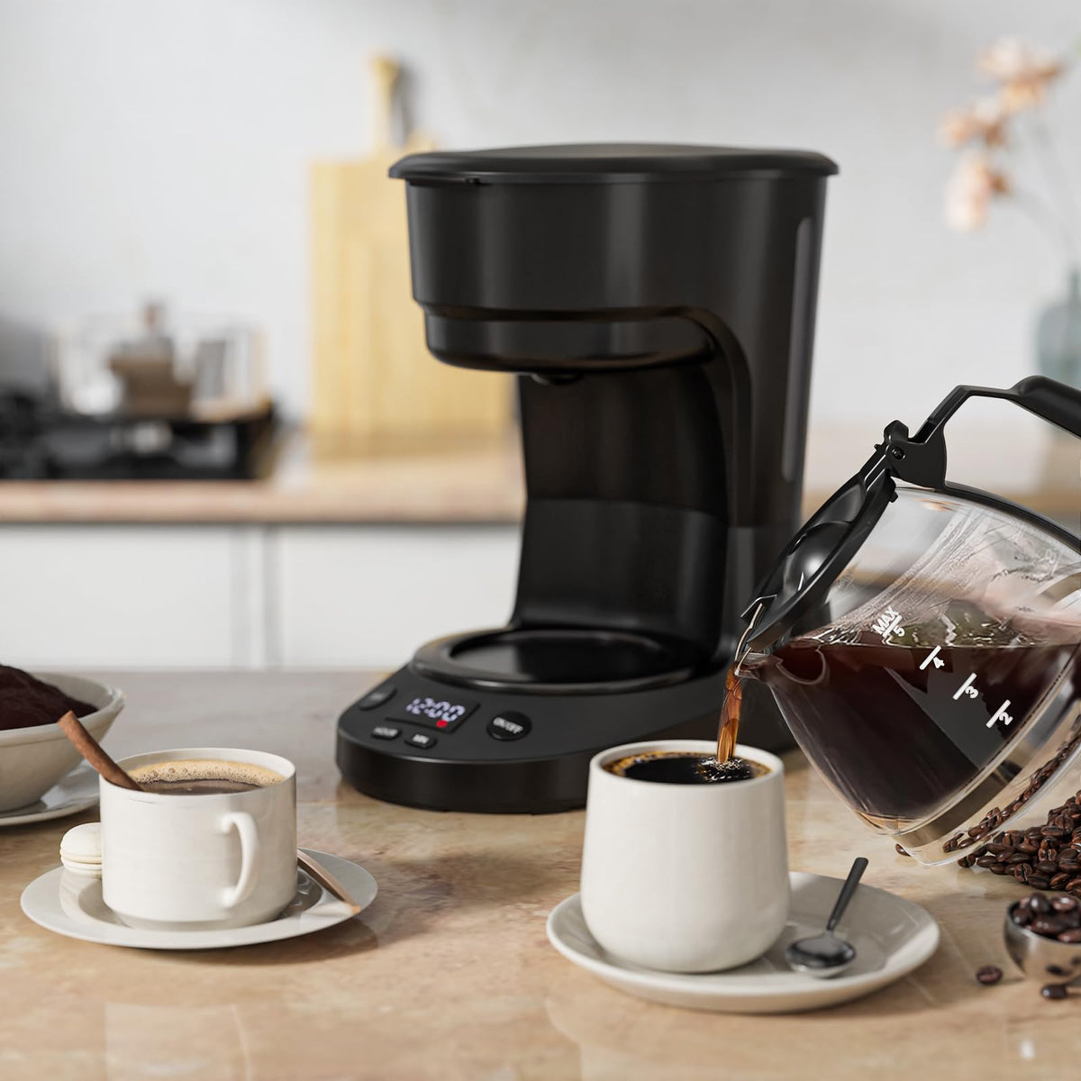 WAA 2-hour keep-warm function keeps coffee hot after brewing.