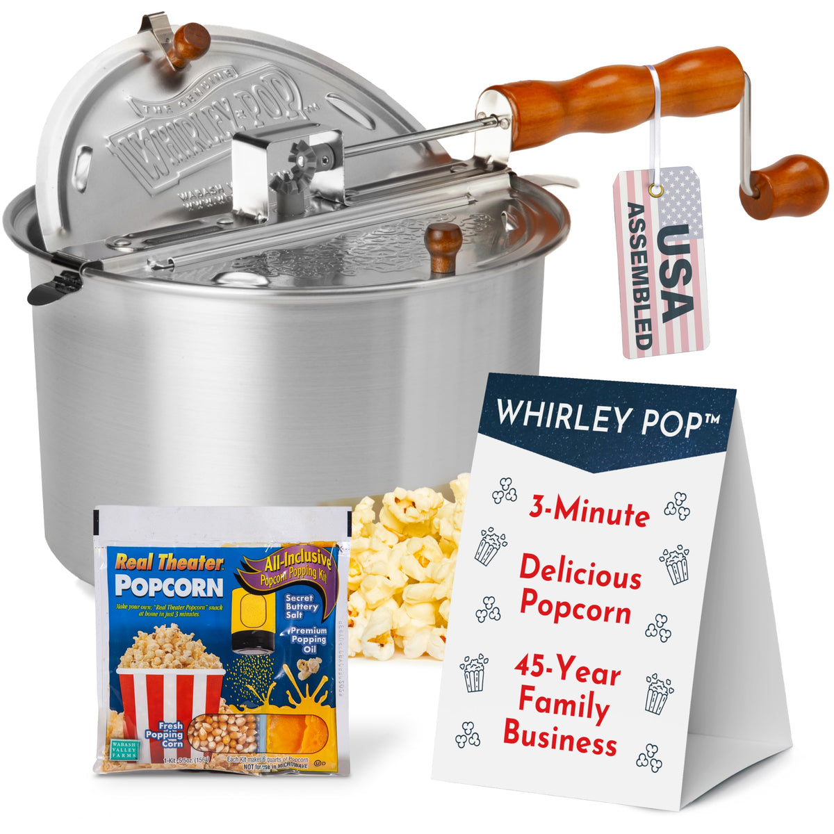 Wabash Valley Farms Whirley Pop front view for homemade movie-night popcorn.