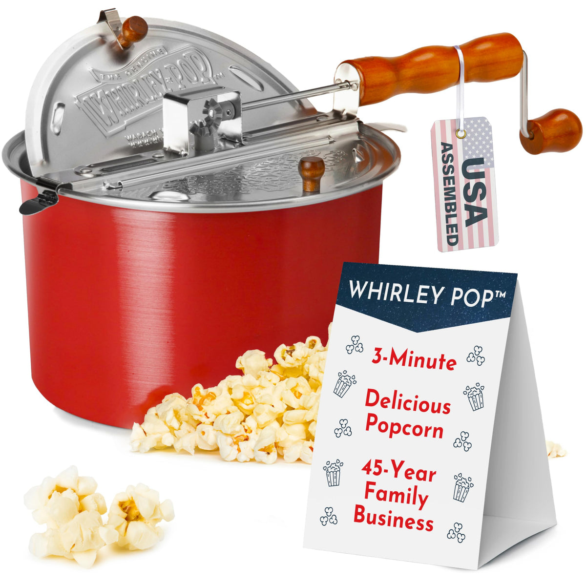 Wabash Valley Farms Whirley Pop red exterior on the stove for theater-style popcorn at home