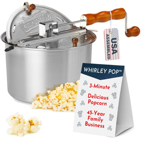Wabash Valley Farms Whirley Pop side view on stove for quick theater-style popcorn.