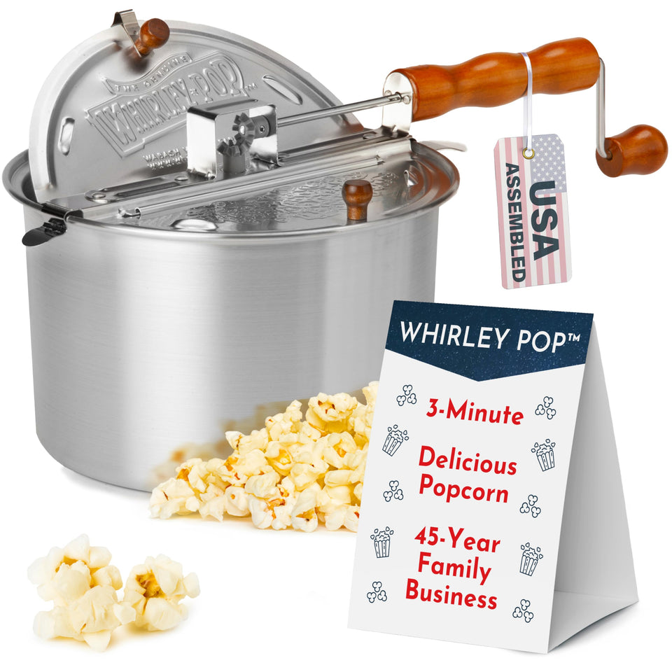 Wabash Valley Farms Whirley Pop side view on stove for quick theater-style popcorn.