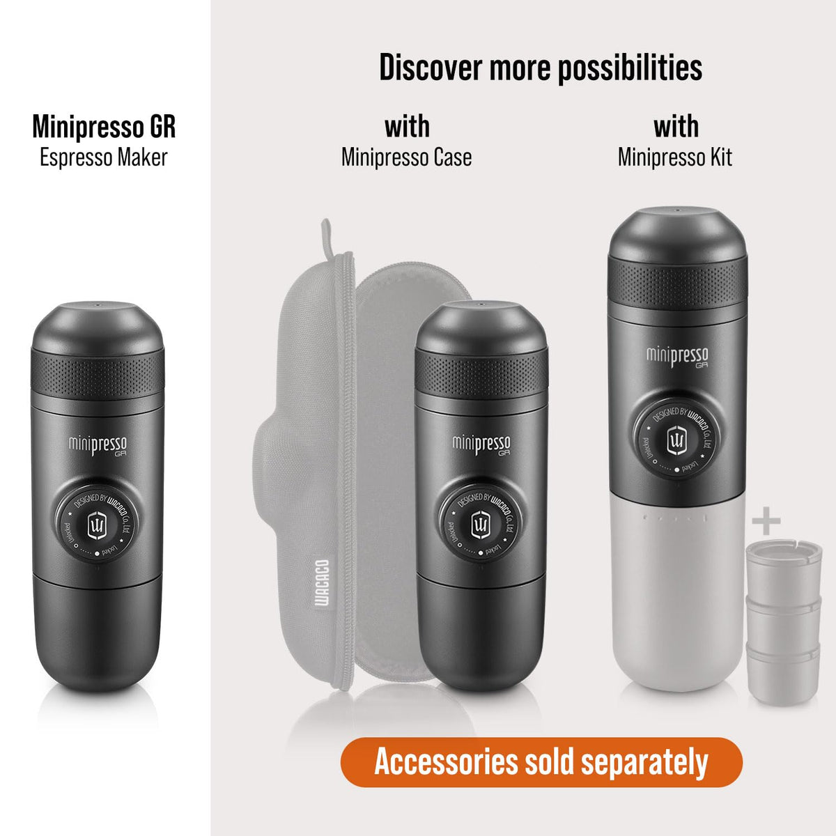 Minipresso GR piston pump demonstrates manual espresso extraction without electricity