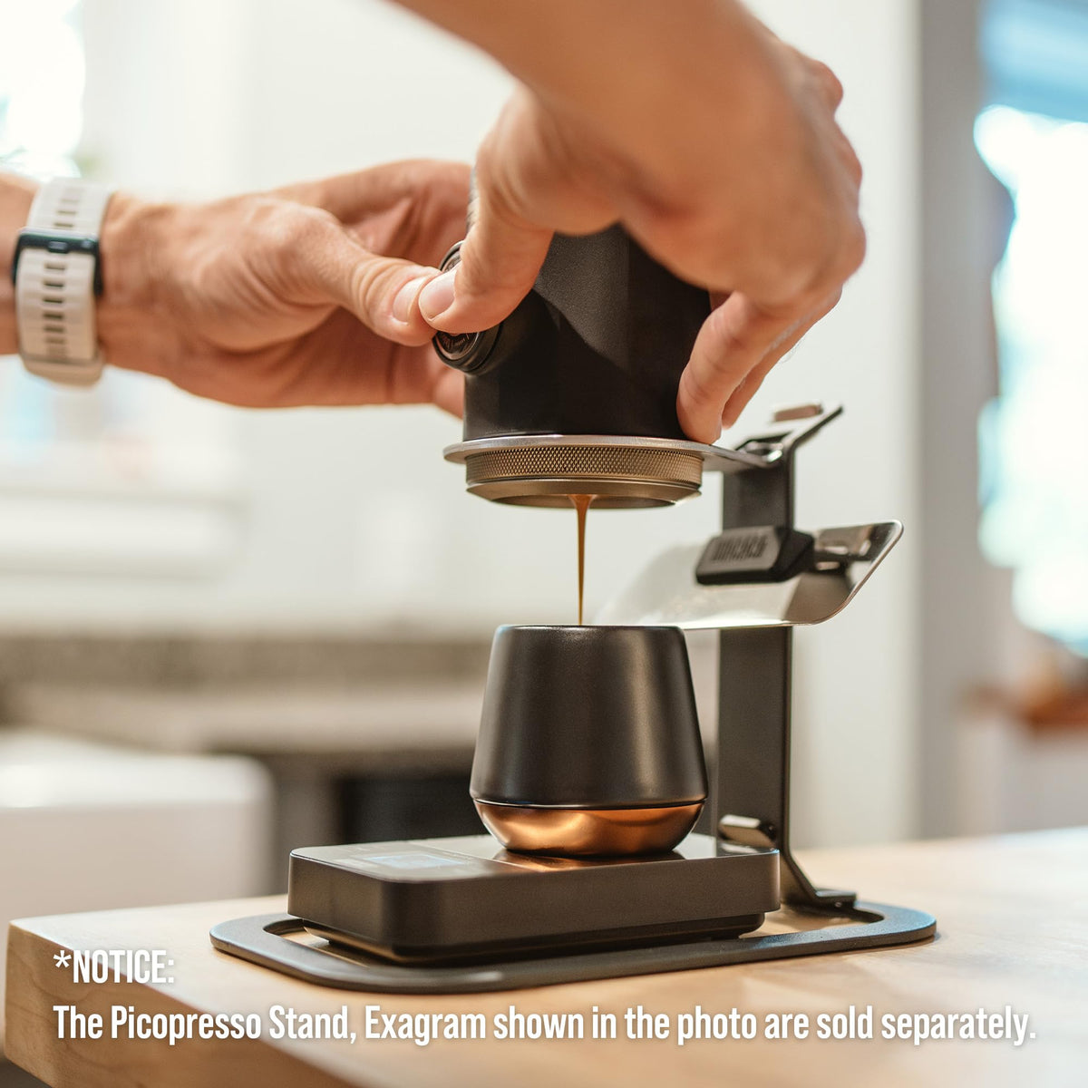 WACACO Picopresso producing a creamy espresso shot for tasting.