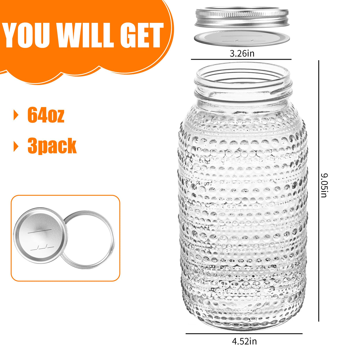 WACOI 64 oz jar lid and band with airtight seal for freshness.