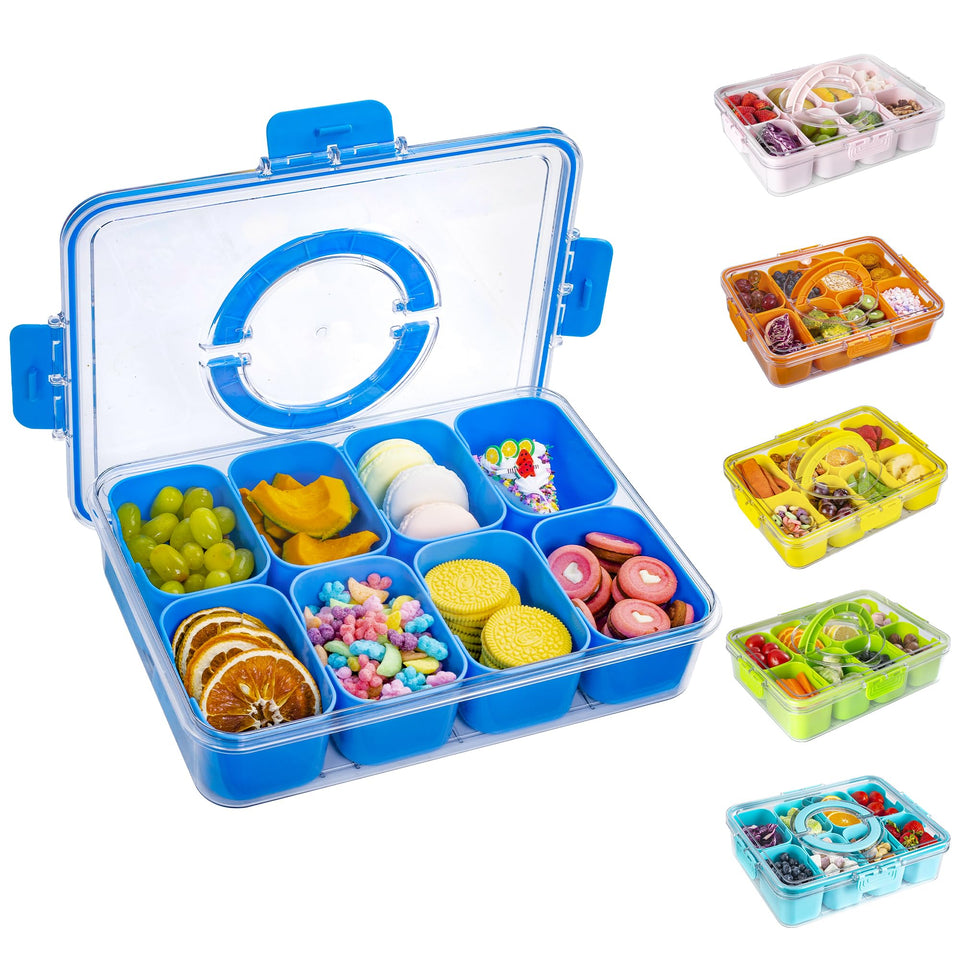 WACOI divided snack tray with cerulean lid and handle for easy travel.