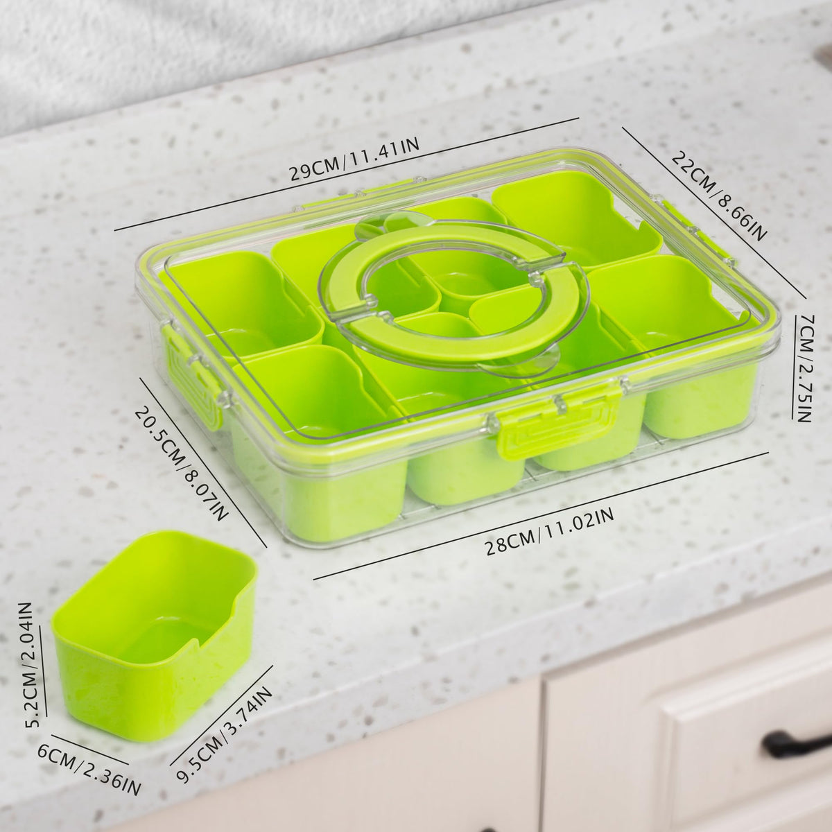 WACOI divided snack tray, eight compartments opened, ideal for varied snacks.
