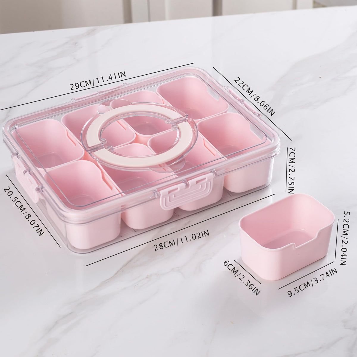 WACOI divided snack tray handle pink for portable snack storage.