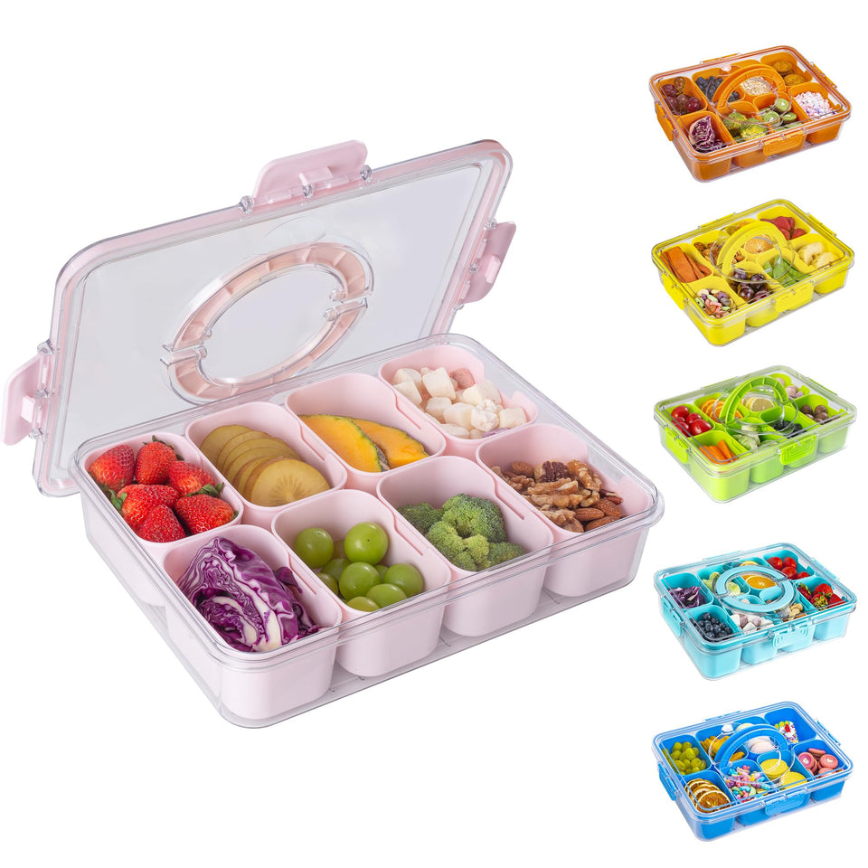 WACOI divided snack tray with pink lid keeps snacks organized on the go.