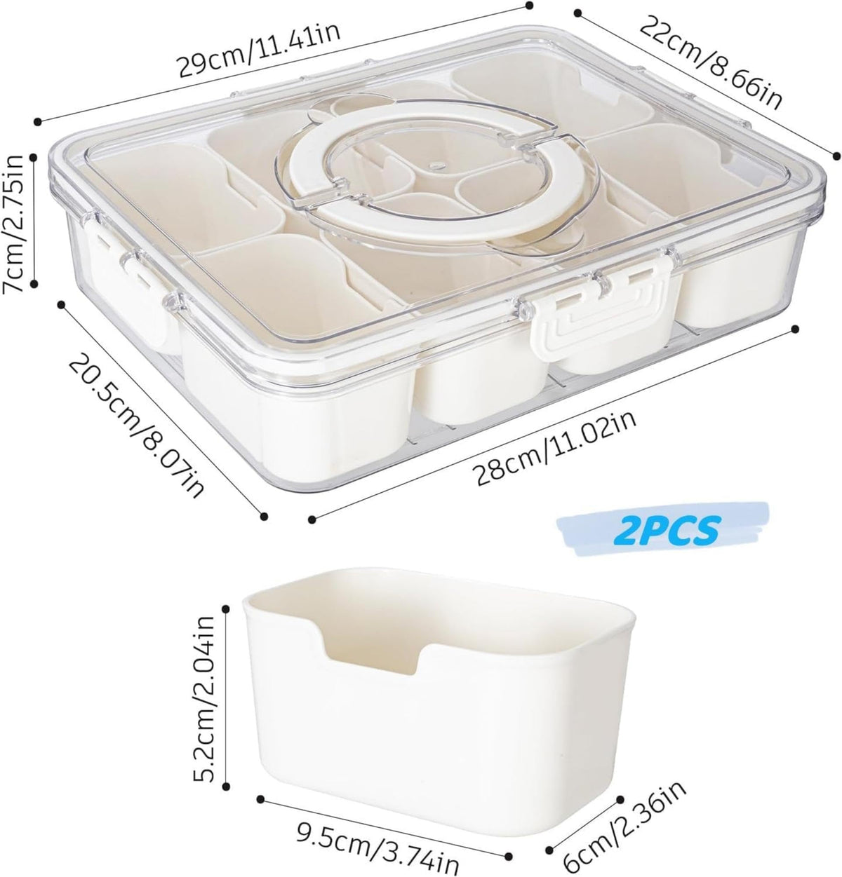 Eight-compartment snack tray neatly separates candies, nuts, and fruits during travel