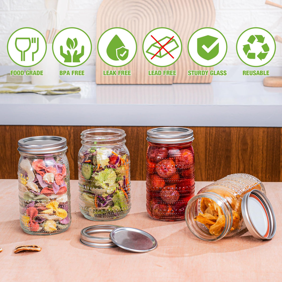 WACOI hobnail-texture mason jars add stylish flair to pantry display.