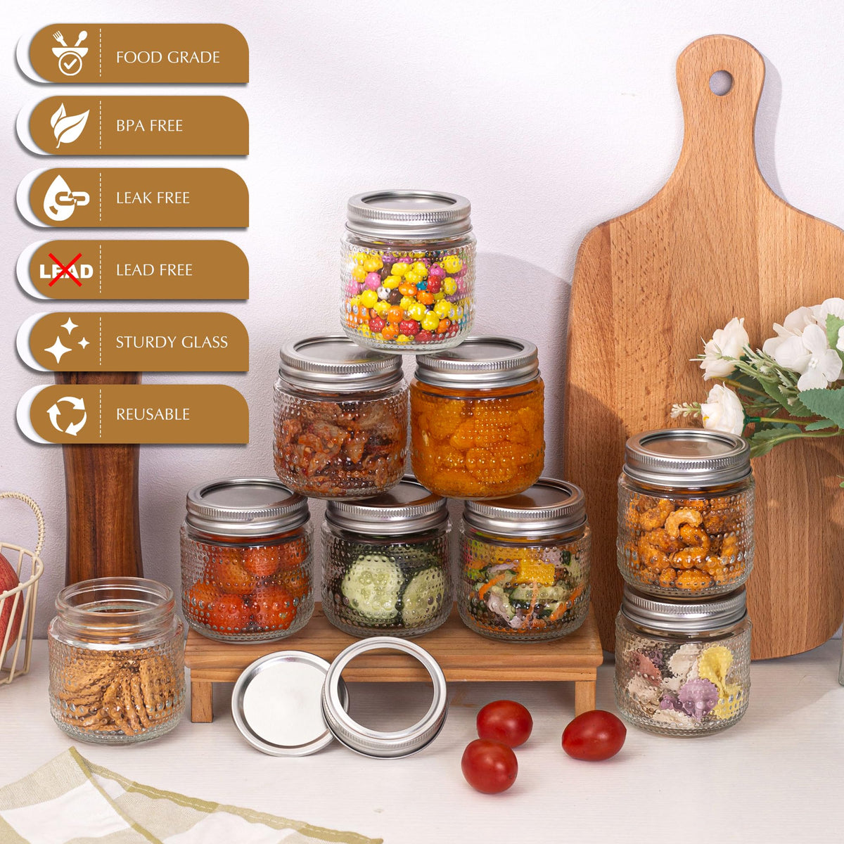 WACOI jars are stackable with edge guard for tidy storage.