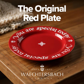 Waechtersbach red glaze script plate - bold centerpiece for family dinners.