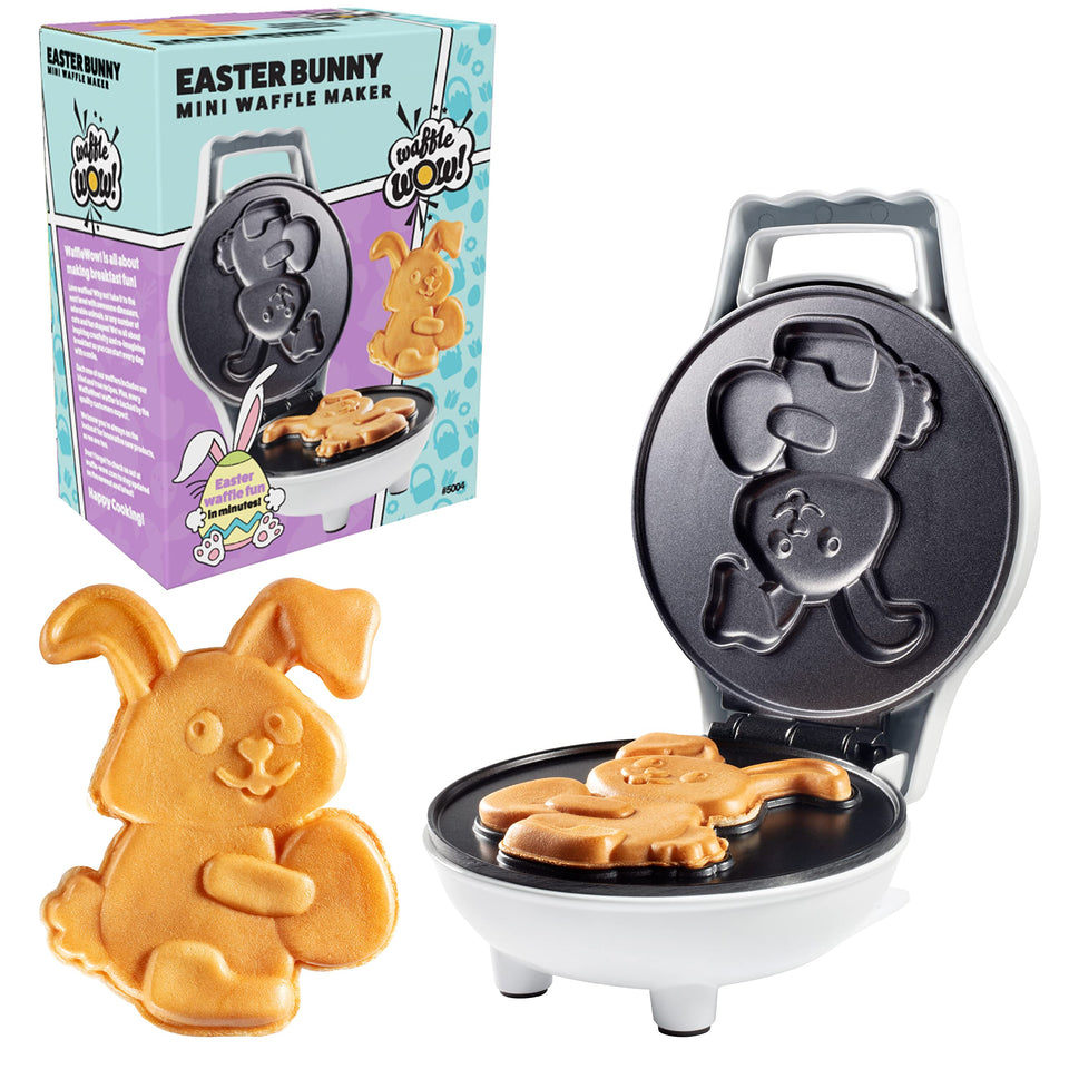 Waffle Wow Easter Bunny mini waffle maker front view highlighting compact size for easy storage
