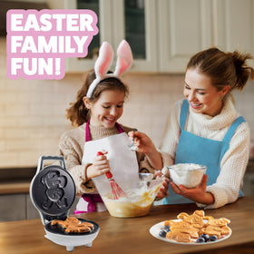 Waffle Wow Easter Bunny mini waffle on plate with syrup for a kid friendly breakfast