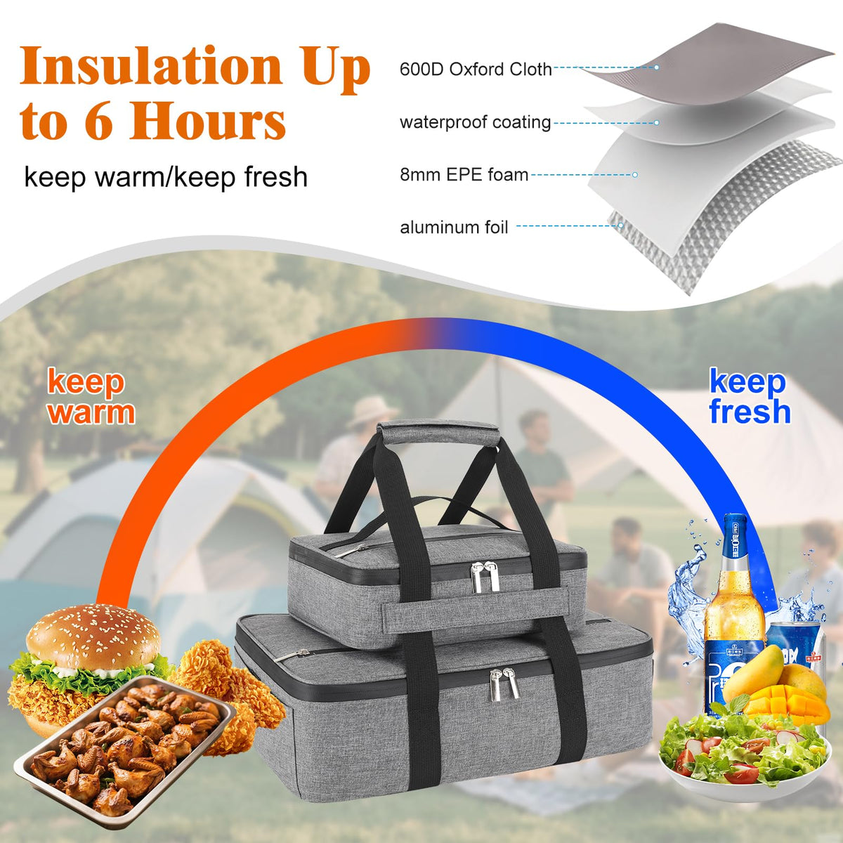 Wakaye casserole carrier large compartment preserves heat with 8mm foam for hours.