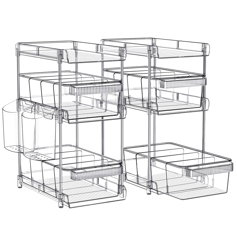 WAKISA clear bathroom organizer 3-tier pull-out keeps toiletries organized.