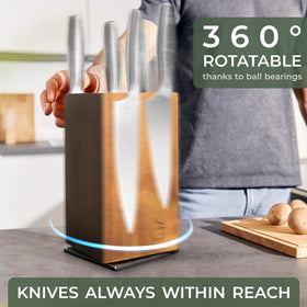 WALDWERK acacia wood knife block shown from the side emphasizing four magnetic strips.