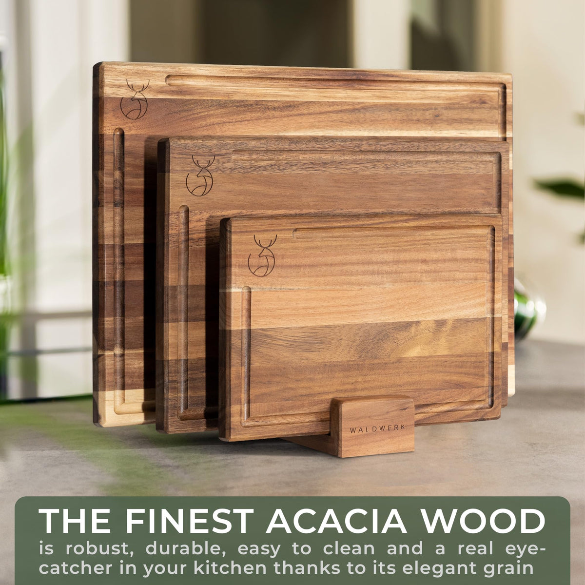 WALDWERK cutting board with stand illustrating quick drying and elegant storage
