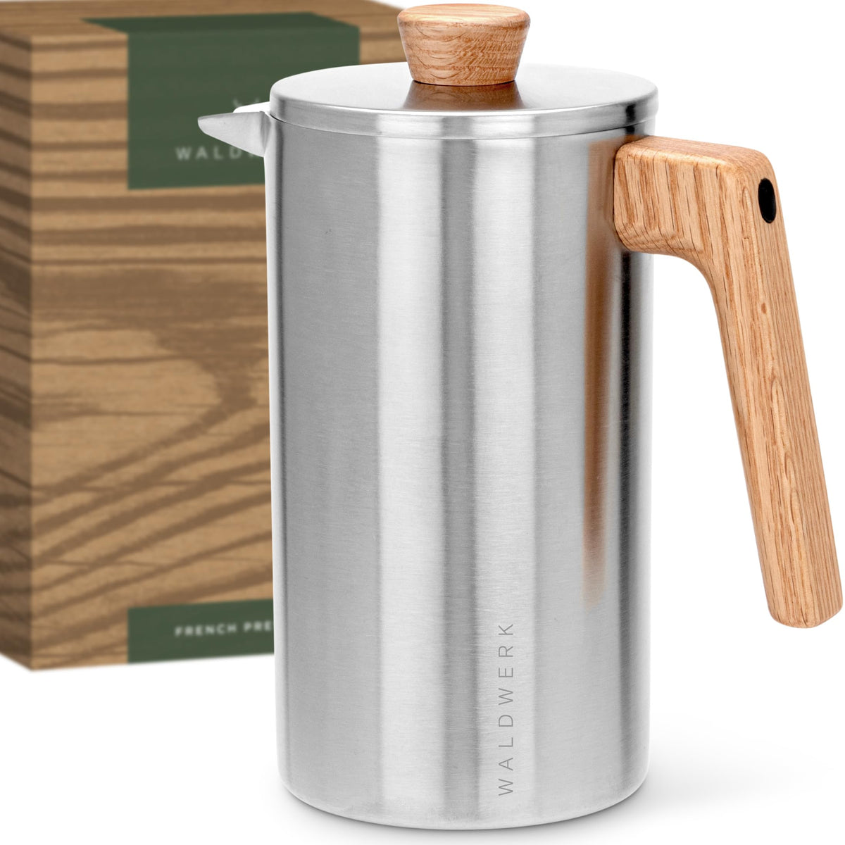 WALDWERK French Press 34 oz front view showing plastic-free design for pure coffee
