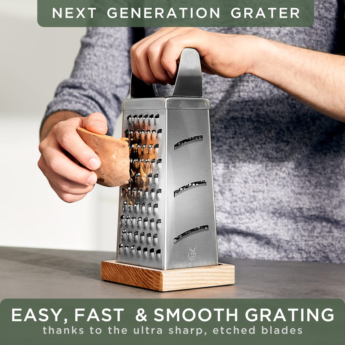 WALDWERK grater on oak base with non-slip feet for steady prep.