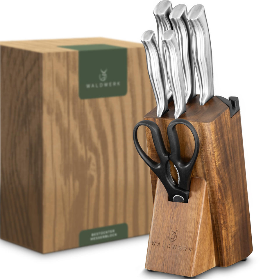 WALDWERK knife set 7pcs block with integrated sharpener, ergonomic handles for comfortable grip.