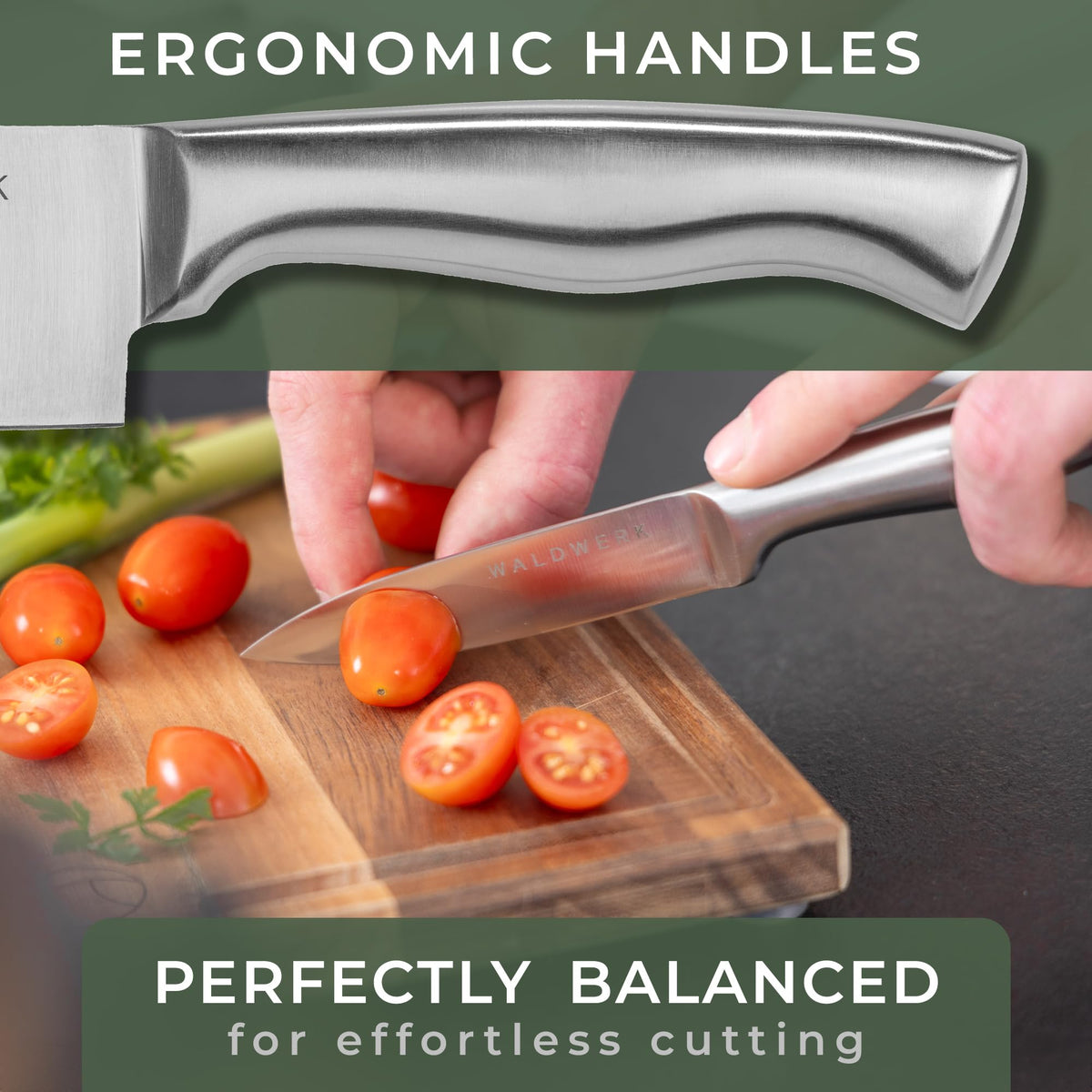 WALDWERK stainless steel handles close-up emphasize durability and comfortable grip.