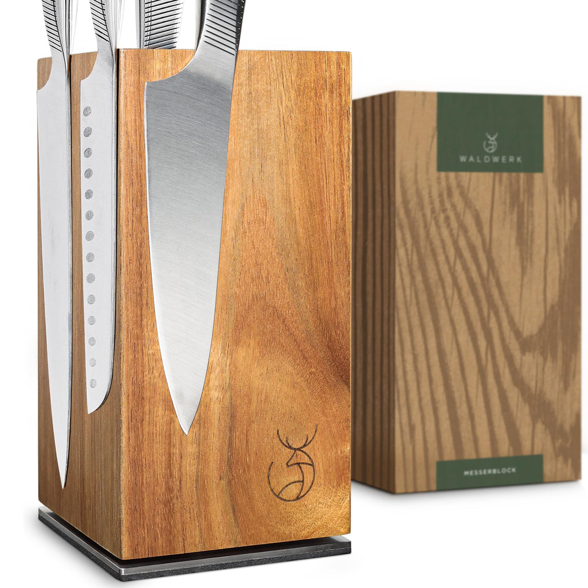 WALDWERK magnetic knife holder in acacia wood with 360-degree rotation for easy access.