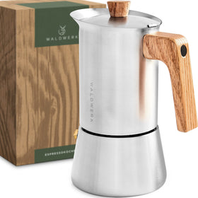 WALDWERK Moka Pot 10oz with stainless steel body for toxin-free stovetop espresso.
