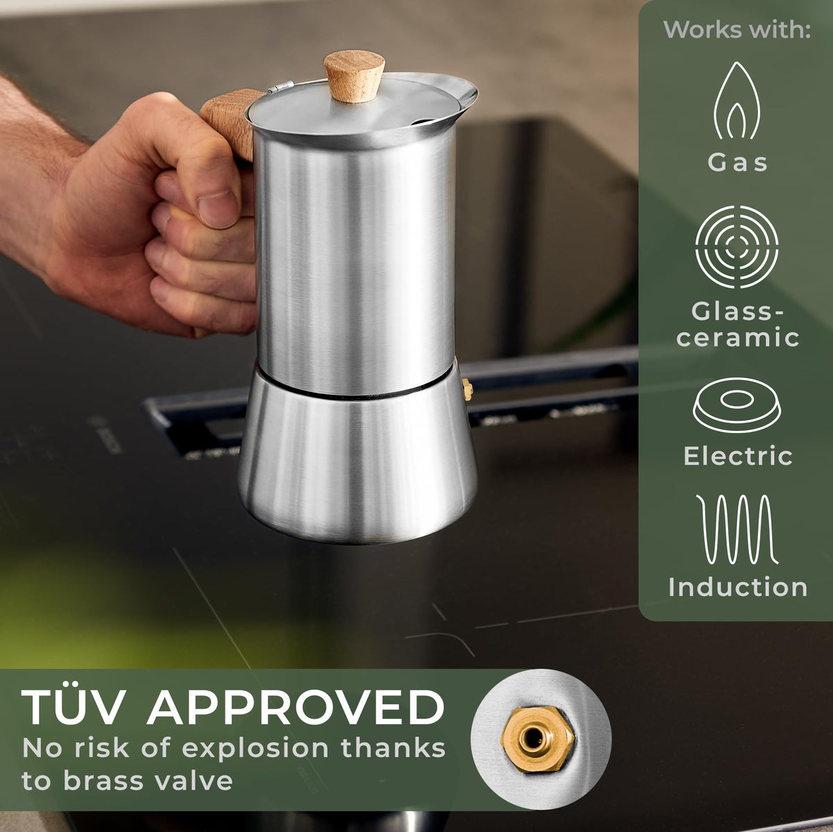 WALDWERK Moka Pot with solid oak handle for premium grip.