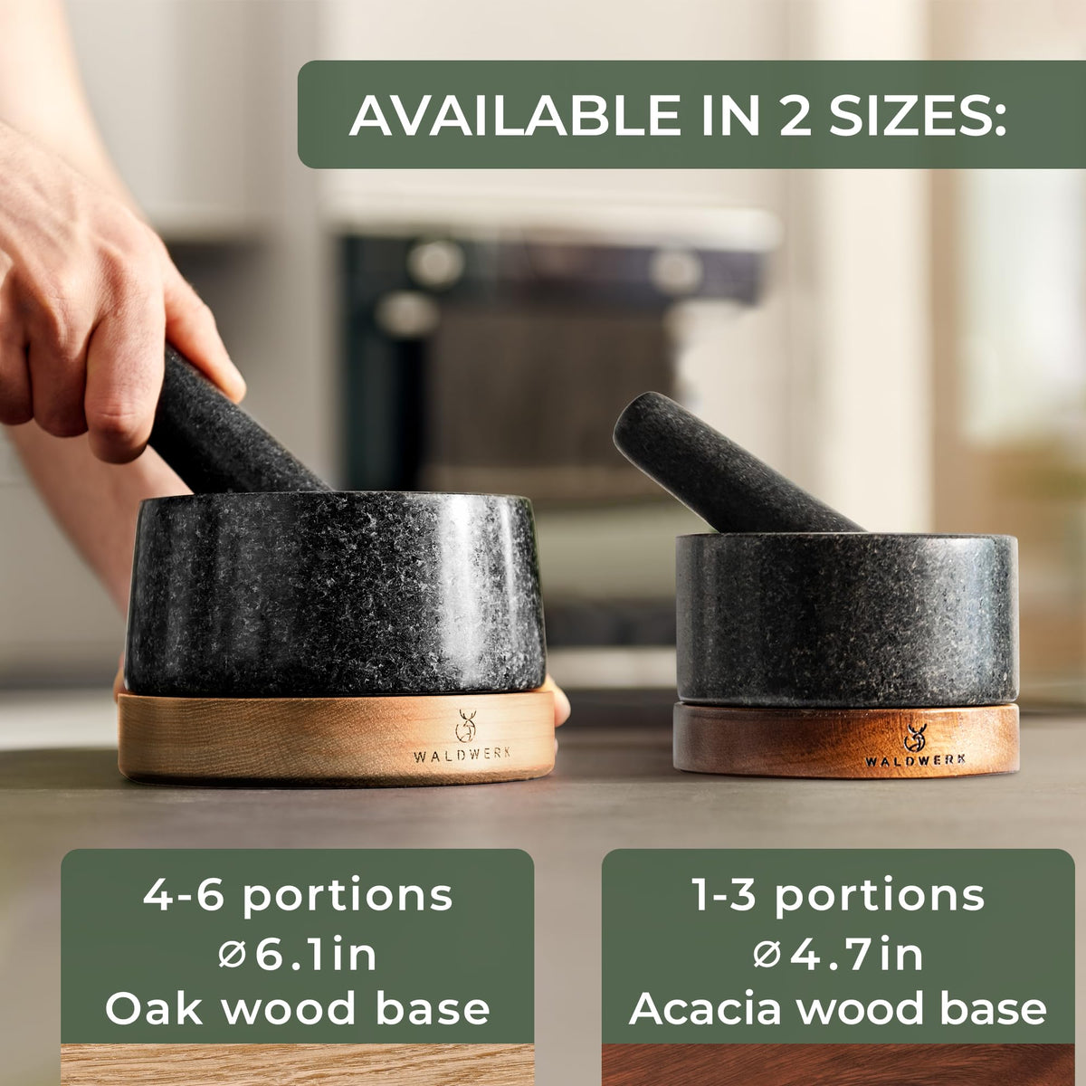 WALDWERK granite mortar provides durable, easy-clean stone surface.