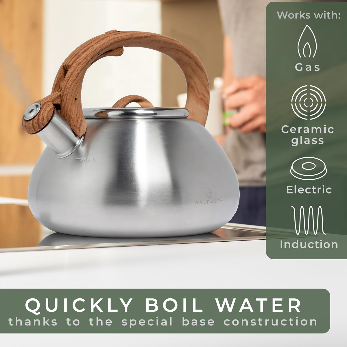 WALDWERK tea kettle induction-ready for modern kitchens.