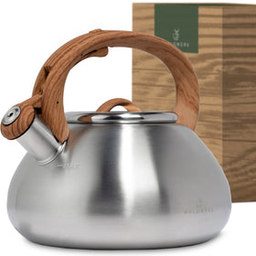 WALDWERK tea kettle on a stovetop in stainless steel for fast boiling.