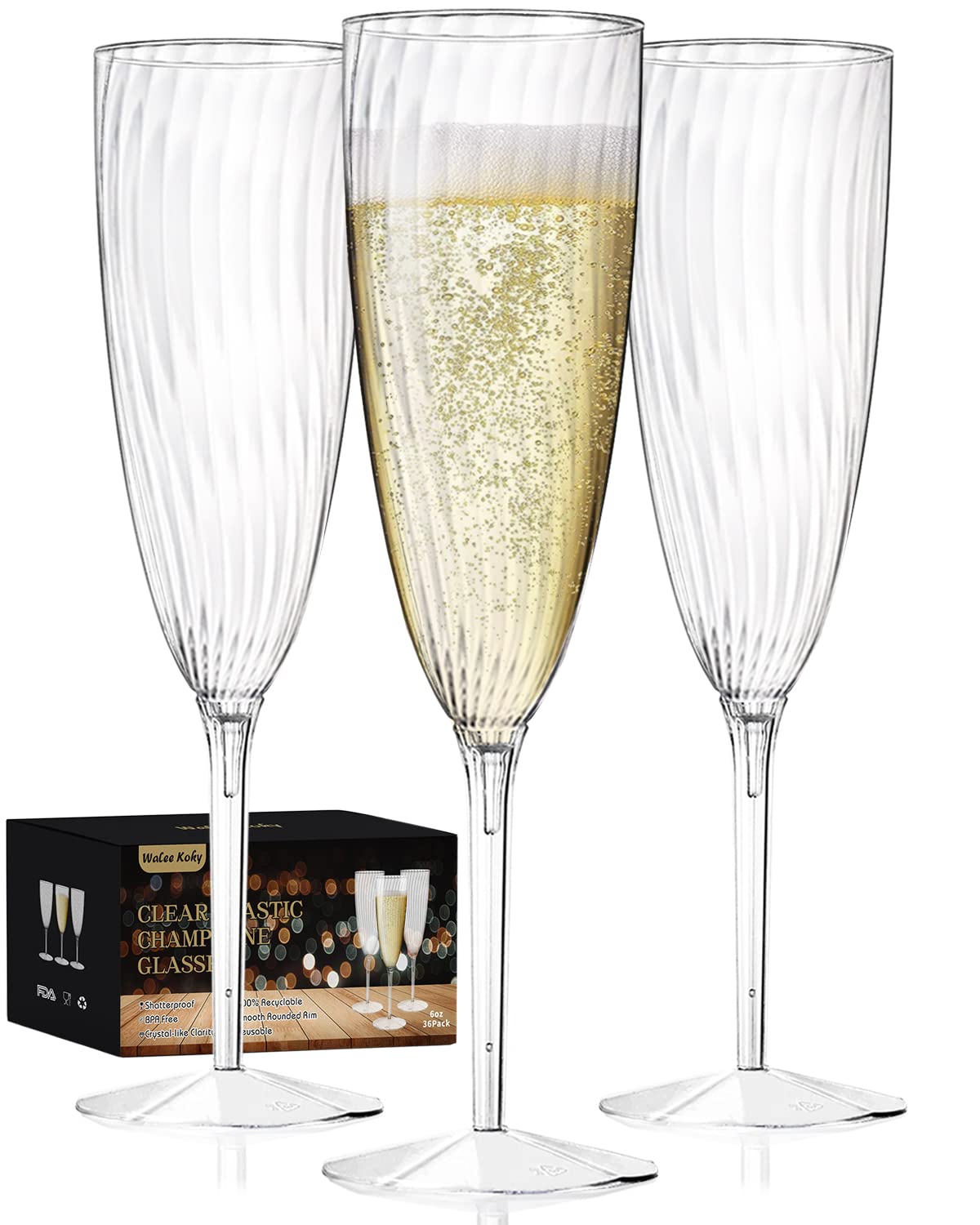 Walee Koky clear plastic champagne flutes for elegant at-home toasts.