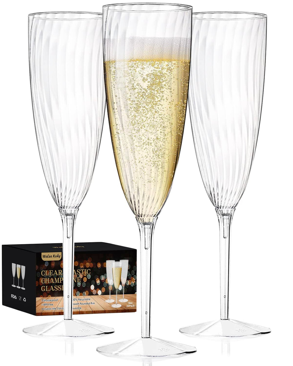 Walee Koky clear plastic champagne flutes for elegant at-home toasts.