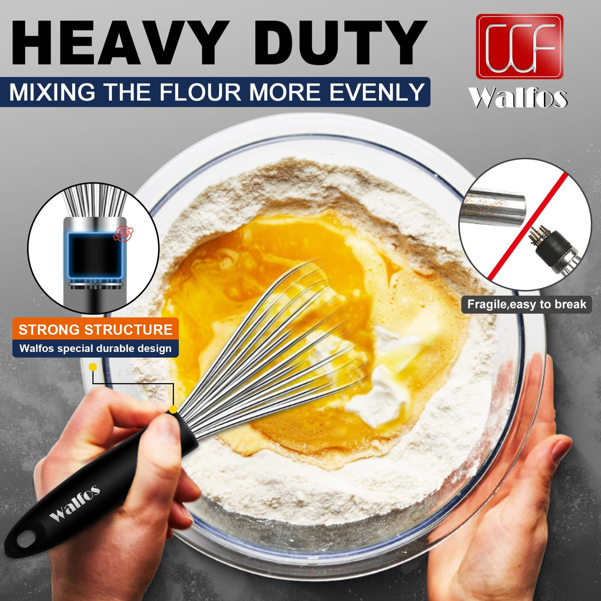 Walfos balloon whisk assembly showing three sizes for versatile cooking
