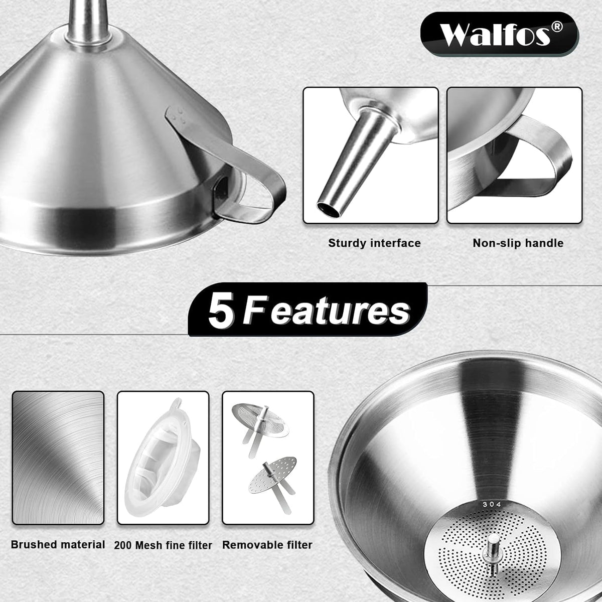 Walfos dishwasher-safe funnels with easy cleaning