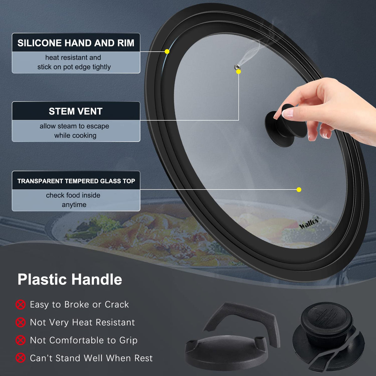 Walfos dishwasher-safe lid cleans quickly after cooking.