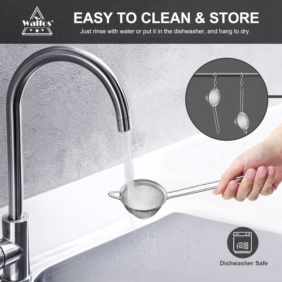 Walfos mini strainer is dishwasher-safe for easy cleanup.