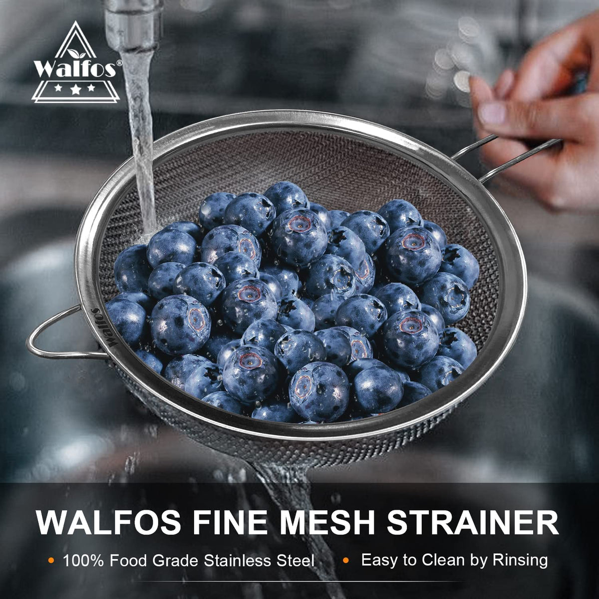 Walfos dishwasher-safe strainer for easy cleanup after cooking