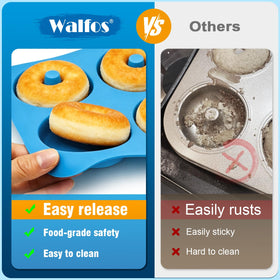 Walfos donut pan non-stick release for clean donut pops.