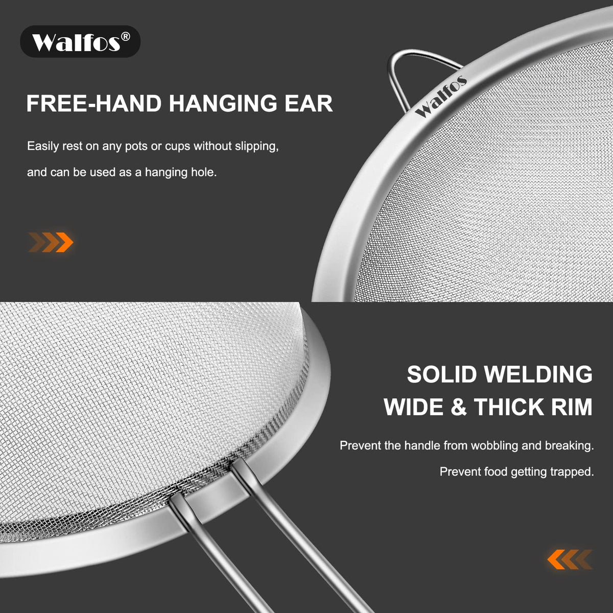 Walfos 4.6-inch strainer close-up, rust-resistant stainless steel.