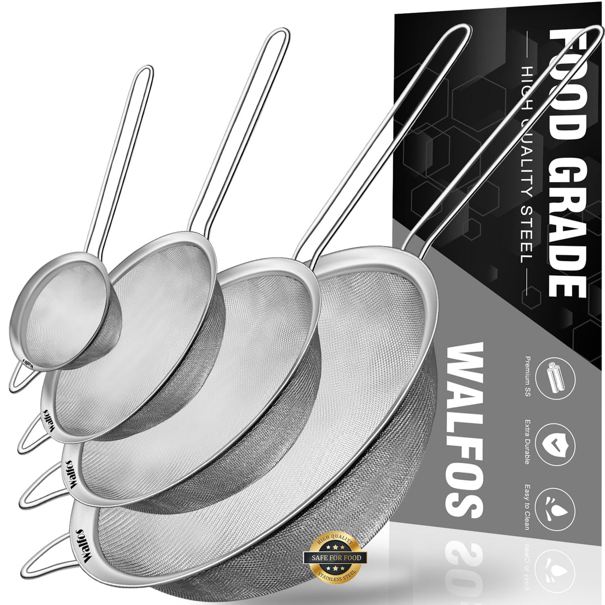 Walfos 9.35-inch fine mesh strainer with sturdy handle for pasta.