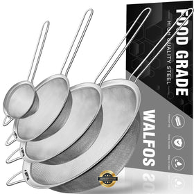 Walfos 9.35-inch fine mesh strainer with sturdy handle for pasta.